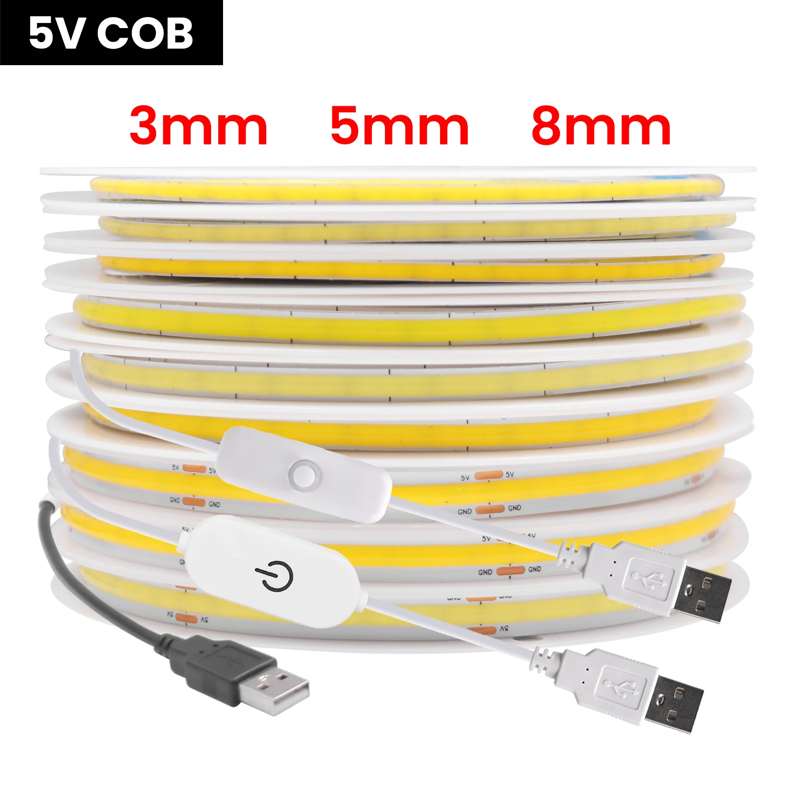 3MM 5MM 8MM COB LED Strip With Touch Dimmer Switch DC 5V 320LEDs/m Warm Natural White Flexible Tape For Room Linear Lighting