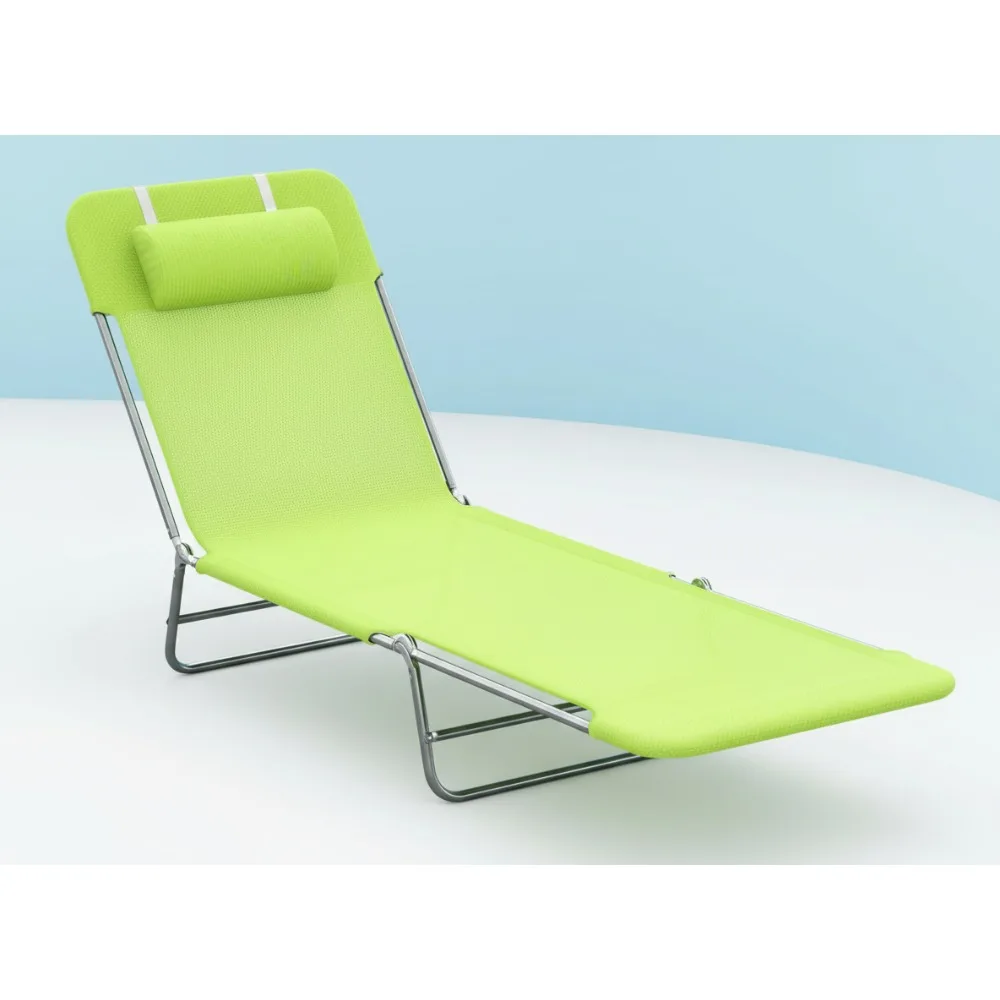 

Folding Chaise Lounge Pool Chair, Adjustable Reclining Sun Tanning Chair with Pillow, Breathable Mesh for Beach Yard Patio