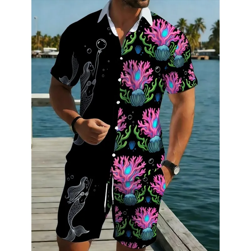 Conjunto de Camisa y Pantalones Cortos Hawaianos de Poliéster para Hombre, Estampado de Arrecife de Coral, Vida Marina, Ligero, Transpirable, para Vacaciones en la Playa, Estilo Casual