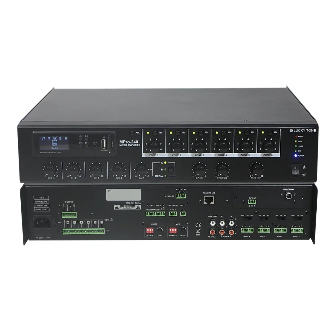 2026 Commercial Audio 240W 6 Zone Mixer Amplifier with Zone Volume Control for Public Address System