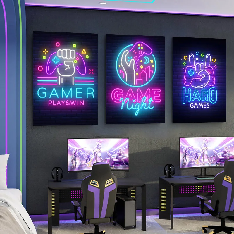 Gaming Quotes Game Night Love Game Neon Art Poster Canvas Painting Abstract Wall Art For Playroom Home Decoration Cuadros No LED