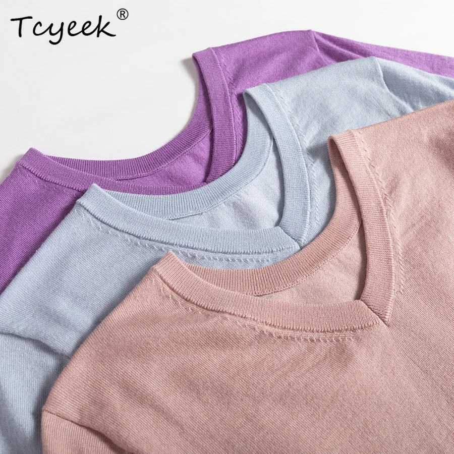 تي شيرت Tcyeek، 25% حرير 75% صوف أنيق، تي شيرت نسائي قصير الأكمام ورقبة على شكل V سادة، تي شيرت كاجوال منسوج أساسي، 2024 صيف خريف T46527QM