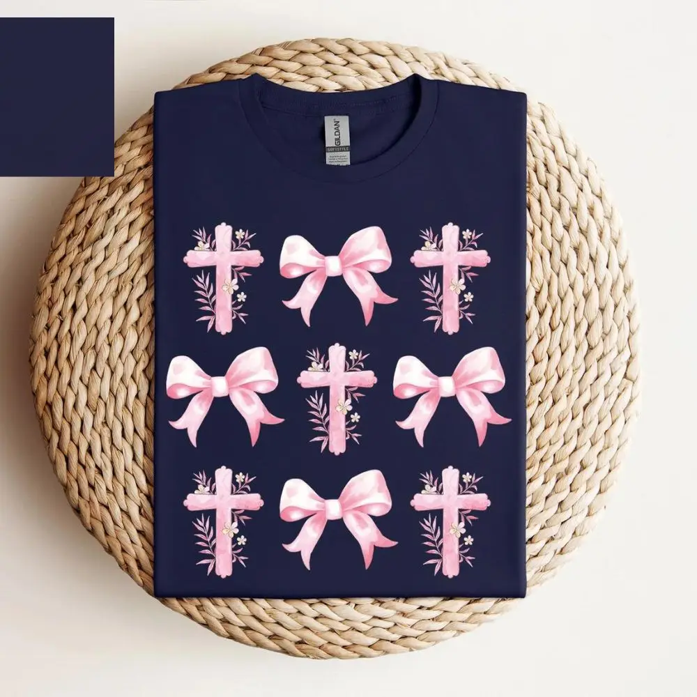 Cross Coquette Bows T Shirt Christian Shirt Gift for Women Pink Bow Shirt Christian Woman Tee Coquette Aesthetic Tops Clothes