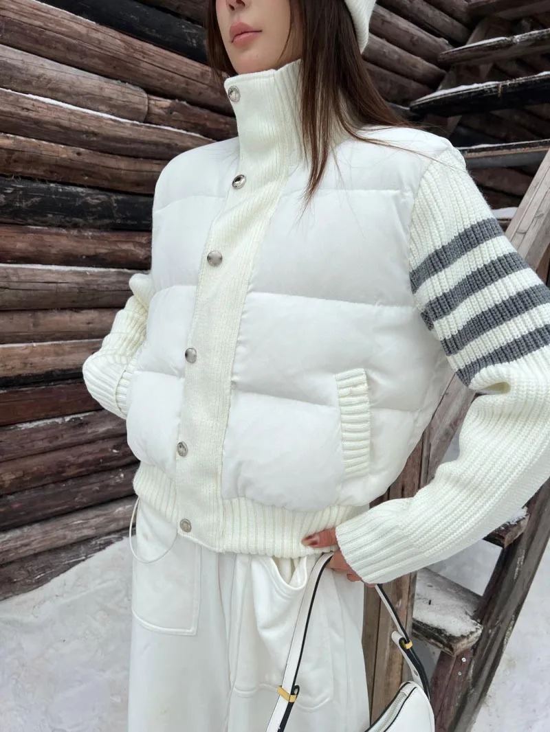 Autumn Winter New Design Knitted Stitching White Duck Down Jacket Women\'s Color Matching Design Thickened Warm Short Coat Ladies