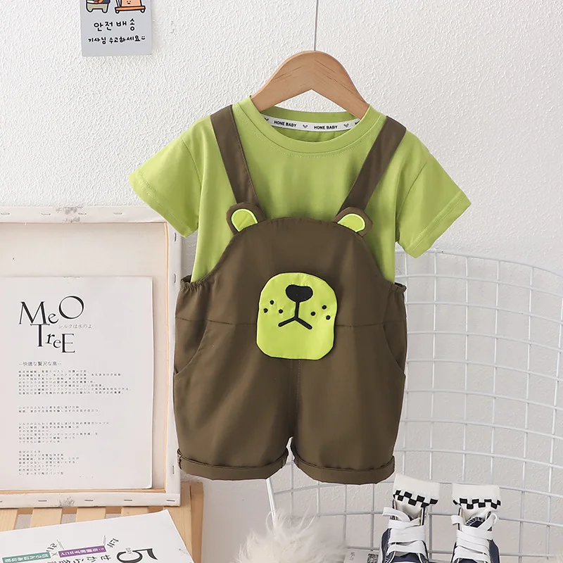 

Kids Baby Boy 2 Piece Set 2024 Summer Fashion Solid Color Short Sleeve T-shirts and Cartoon Overalls Infant Boys Clothes Outfits