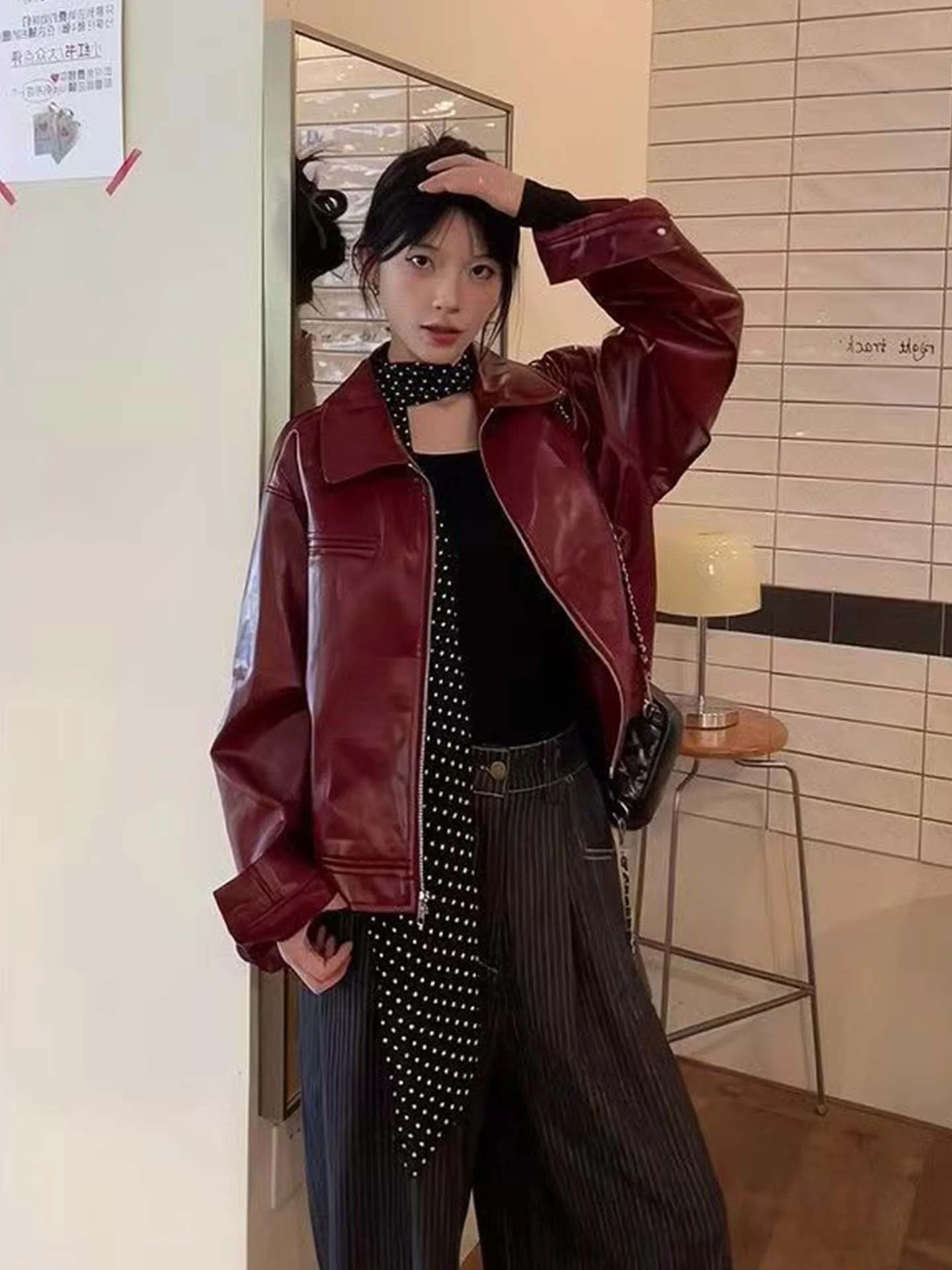 

American Sle Loose Fit Red Leather Jaet Women's Design Sensation High Street Sle Zipper Closure ort Coat