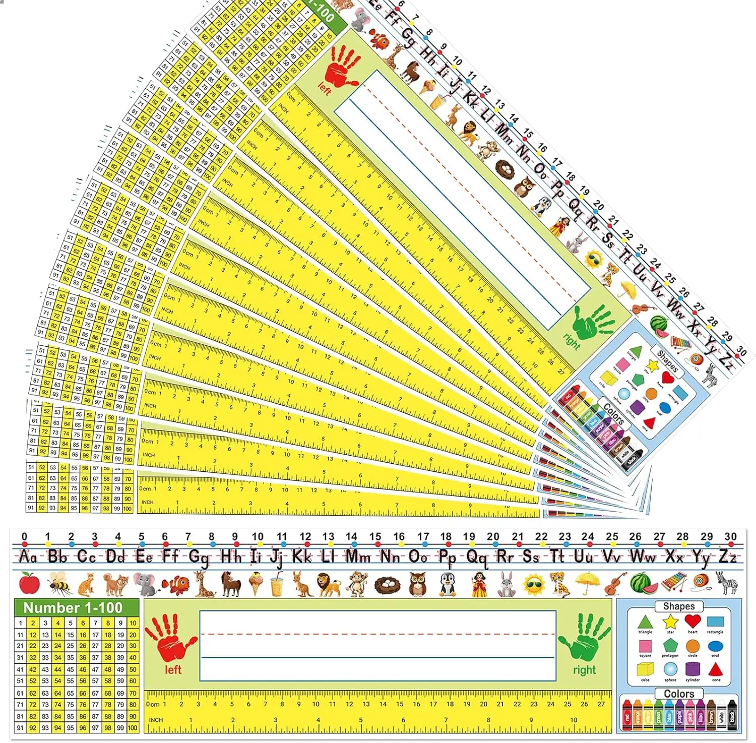 

36 Self Adhesive Name Tags for Classroom Desks with Alphabet, Number Chart, Ruler - Yellow, 14.2x4 Inch