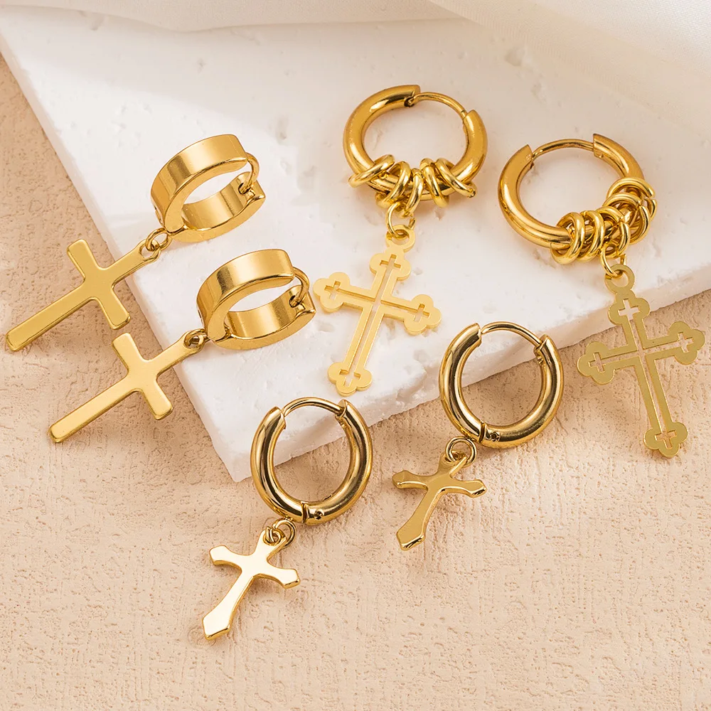 

Stainless Steel Metallic Cross Dangle Earrings for Women Hip Hop Punk Street Trend Personality Ear Buckle Jewelry Gifts