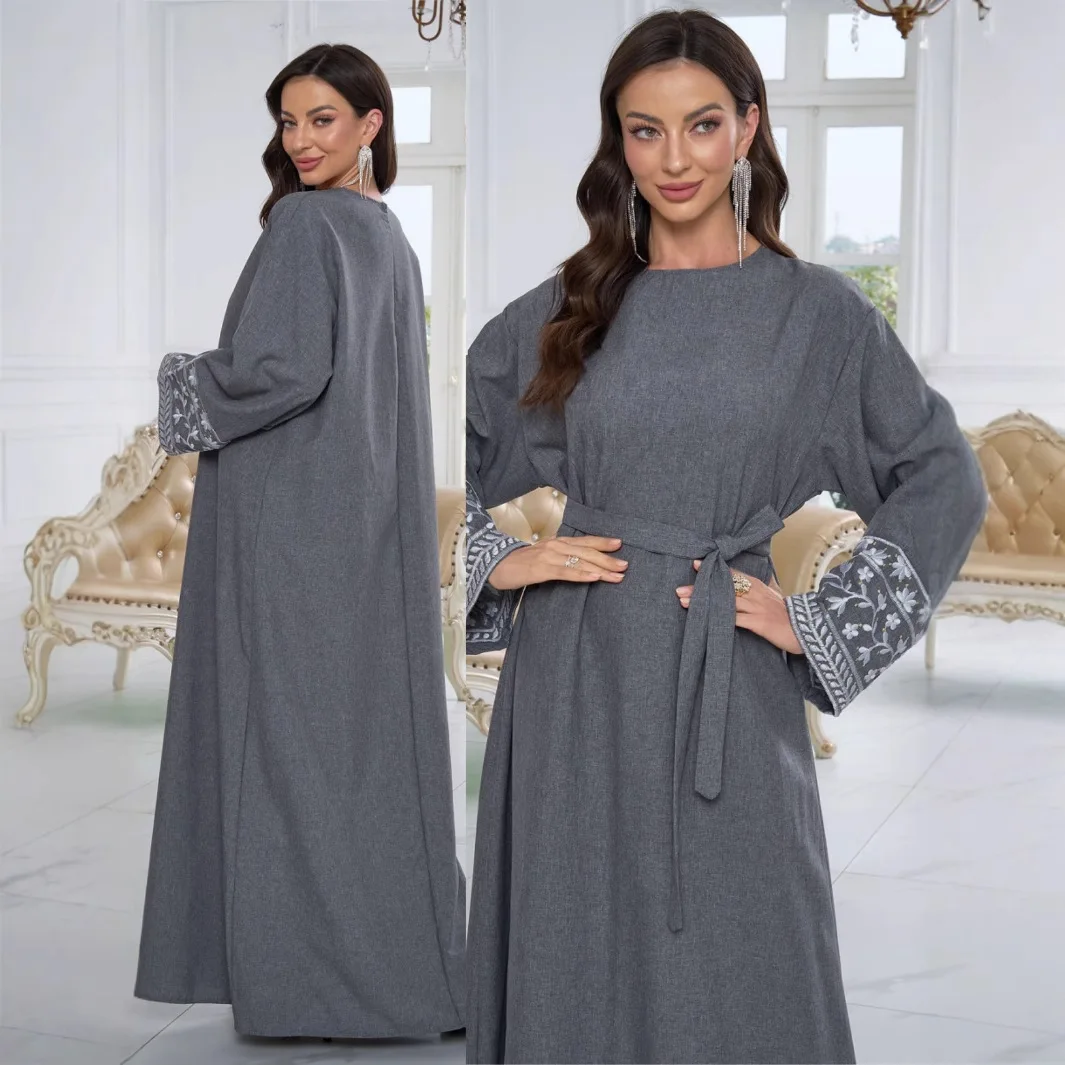 Eid Abaya Abito Donna Jalabiya Abiti Lunghi Musulmani Dubai Abaya Caftano Abiti Robe Ricamo Lace Up Ramadan Modesto Marocco