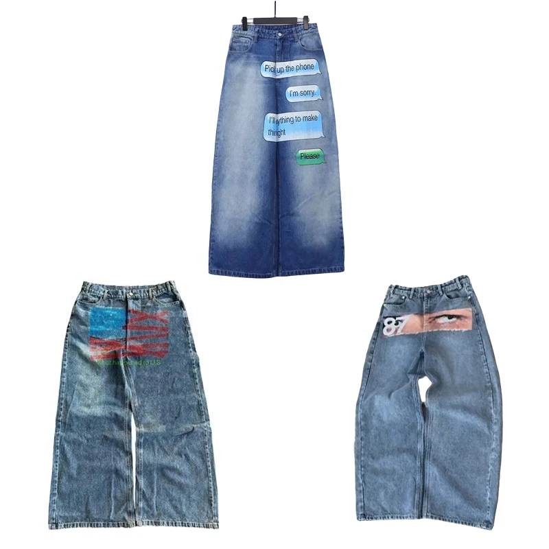 

Y2K Винтажные потертые джинсы Эстетический уникальный узор с принтом Высокая талия Широкие джинсы Хип-хоп Мужчины Женщины Модная тенденция Уличная одежда