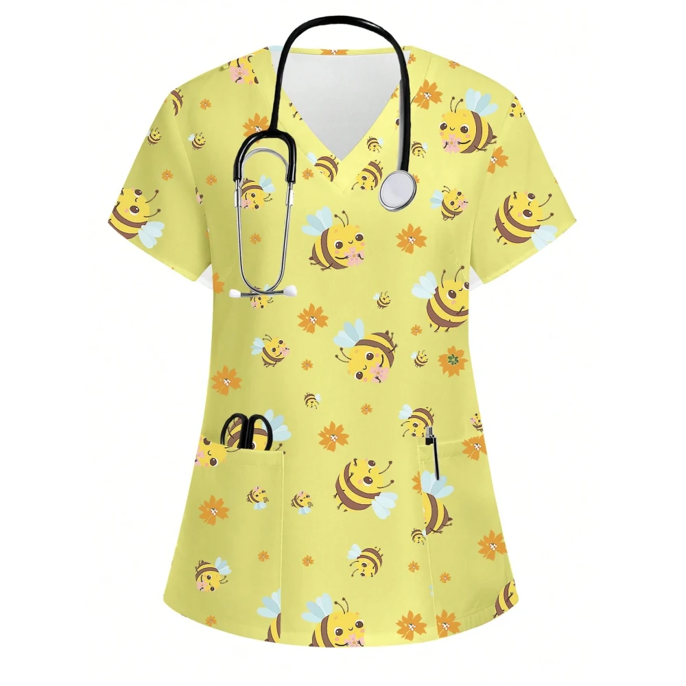 Cartoon Animal Nursing Scrubs Tops Women Nurse Uniform Women Fashion V-Neck Pocket Overalls Medical Uniforms Uniformes Woman ﻿