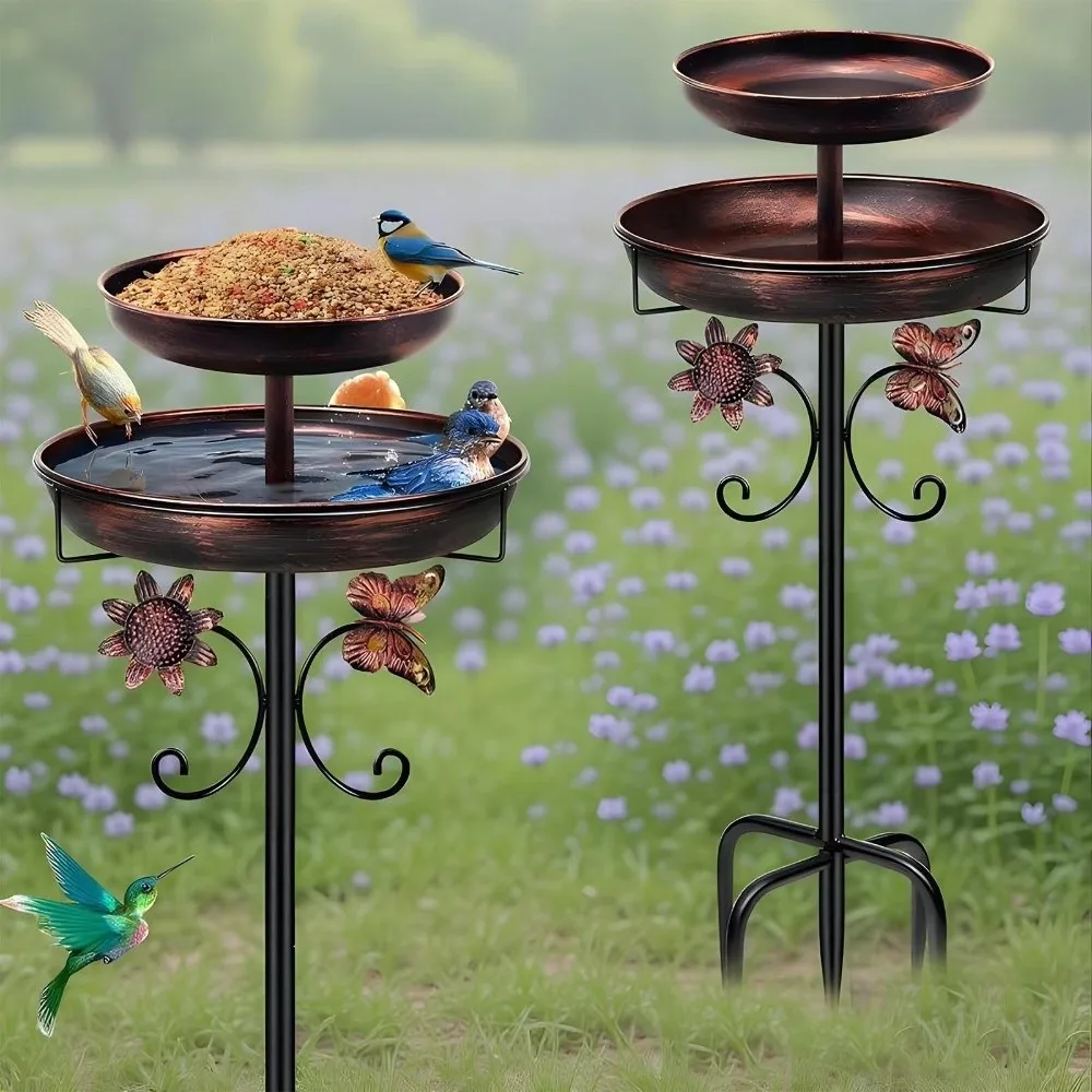 Metal Bird Bath Feeder Set Dual-Layer Design Rust Resistant Metal Bird Bath Vintage Style Four-Prong Ground Stakes