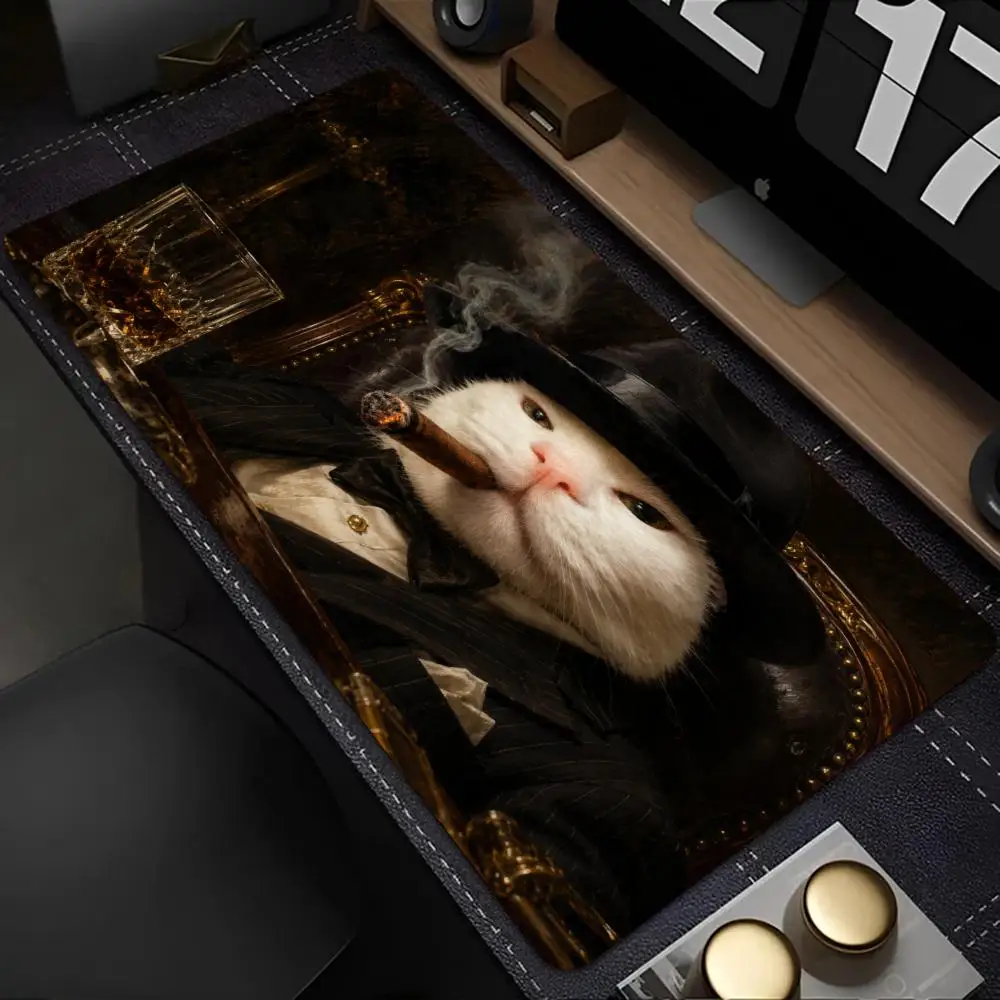 Funny Aristocrat White Cat Cigar Retro Noble Portrait Large Anti-Slip Extended Gaming Keyboard Mouse Pad