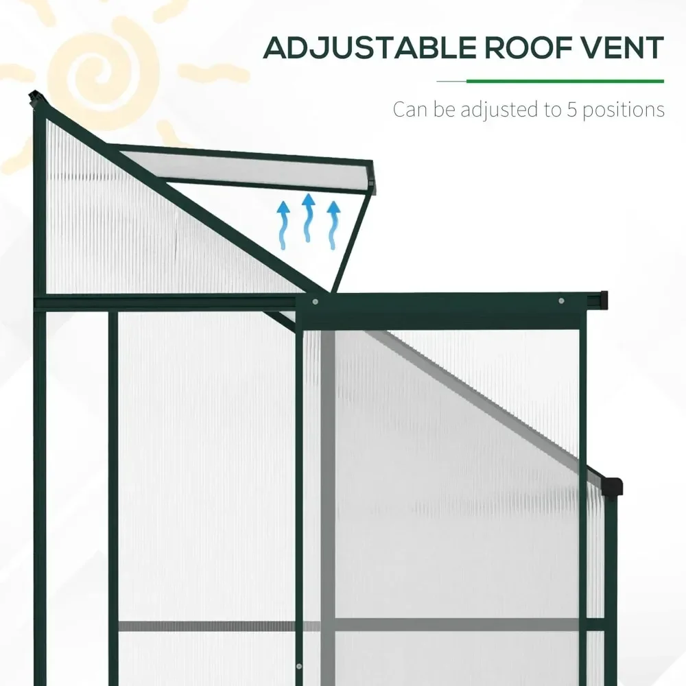 6' x 4' x 7' Hobby Greenhouse, Walk-in Lean-to Polycarbonate Hot House Kit with Aluminum Frame, Sliding Door, Roof Vent, Green