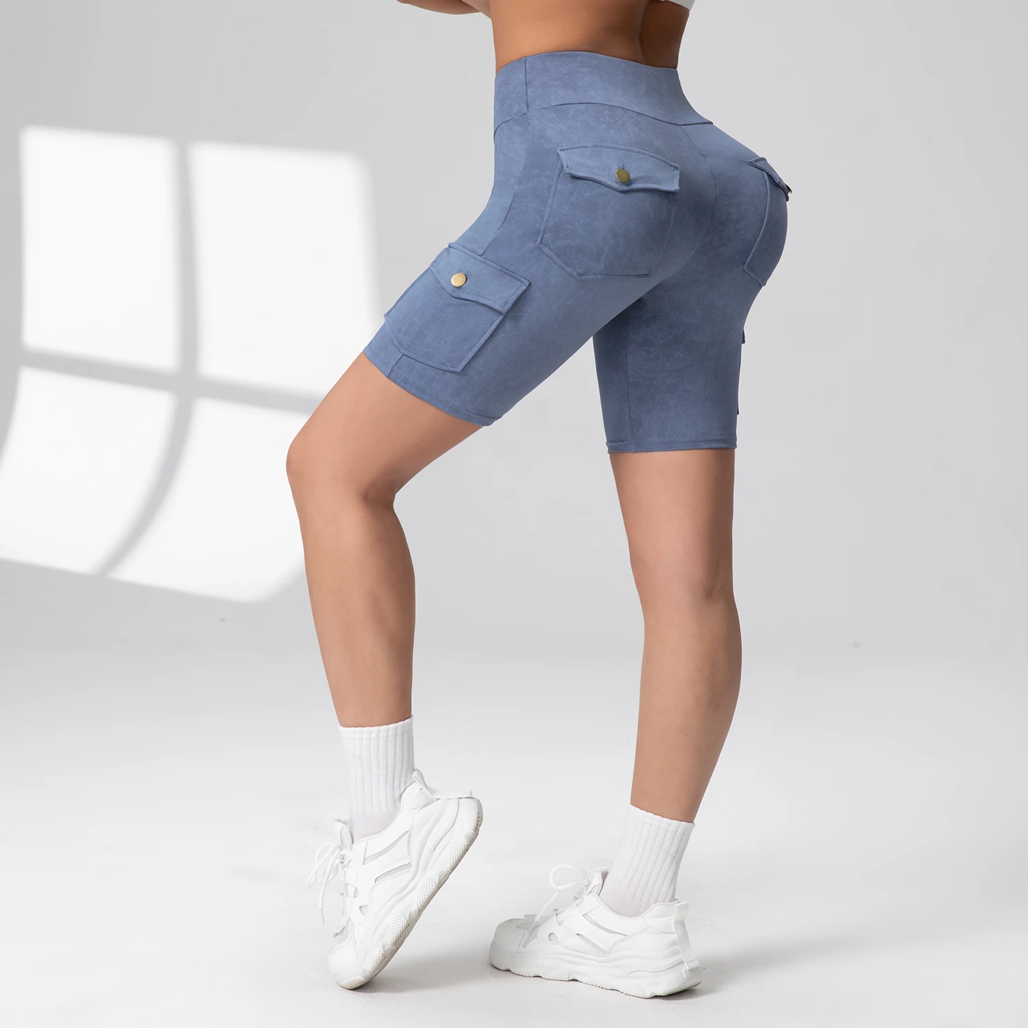 Lavado impressão bolso de trabalho shorts femininos levantamento de bunda fitness calças de 5 portas elástico fino 2025 novo 5 cores moda ciclismo shorts