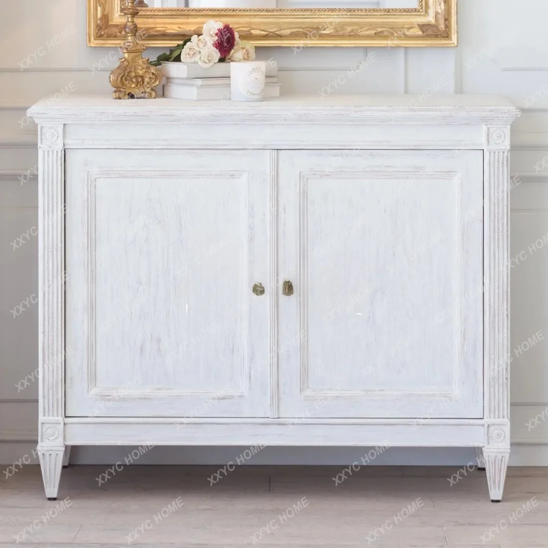 retro old solid wood porch cabinet washed white antique side cabinet