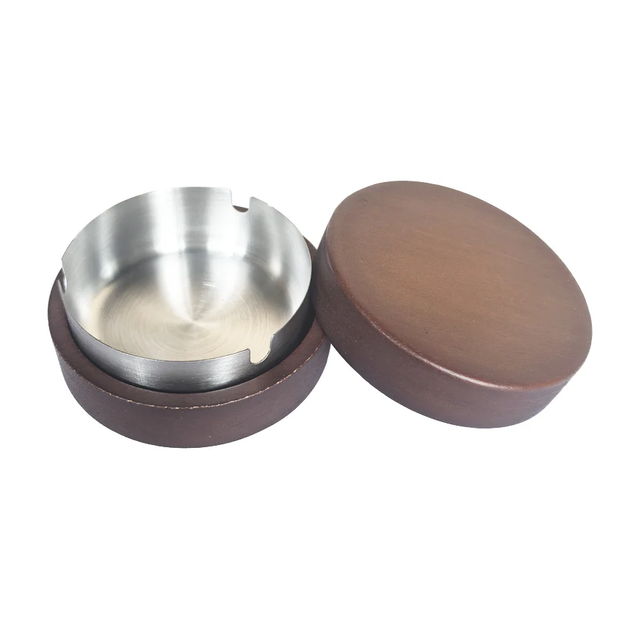 Creative Walnut Wood Ashtray with Lid Windproof Stainless Steel Desktop Ash Tray for Smoking Office Home Decorative Accessory