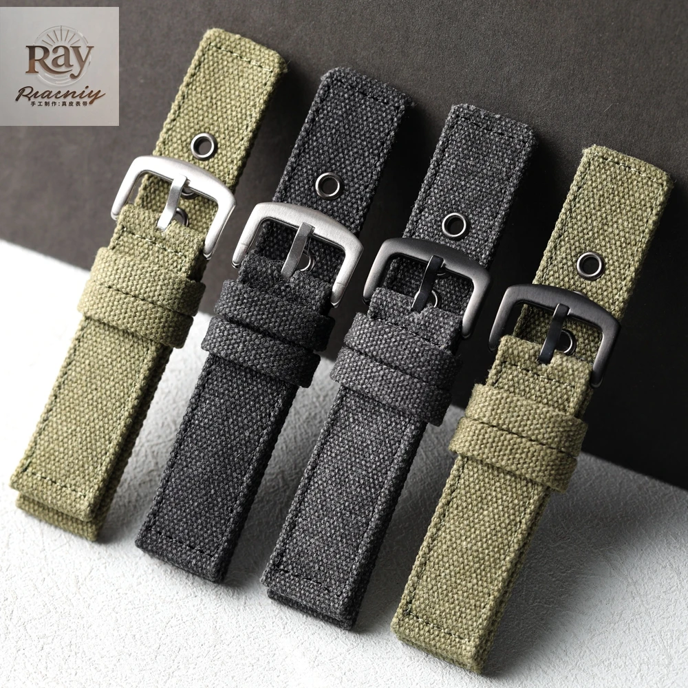 Rough style canvas strap, 20MM 22MM 24MM thick men's Watchband, blue-green black waterproof bracelet
