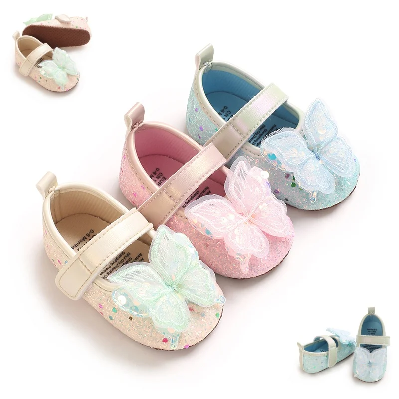 Baby Girls Glitter Mesh Butterfly Mary Jane Shoes Single Velcro Strap Soft Non Slip Sole Infant Newborn Princess Crib 0-18M