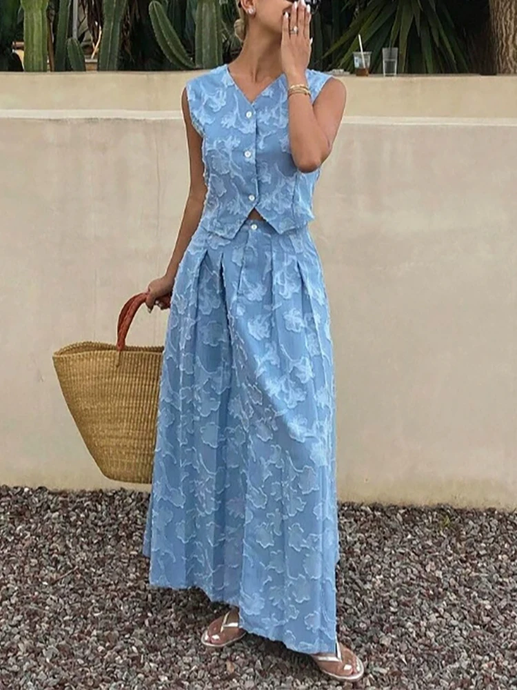 Elegant V-neck Button Vest Top & Skirt Set Women Sexy Sleeveless Split Long Skirt Outfits Fashion Jacquard Waist Skirt 2Pc Suits