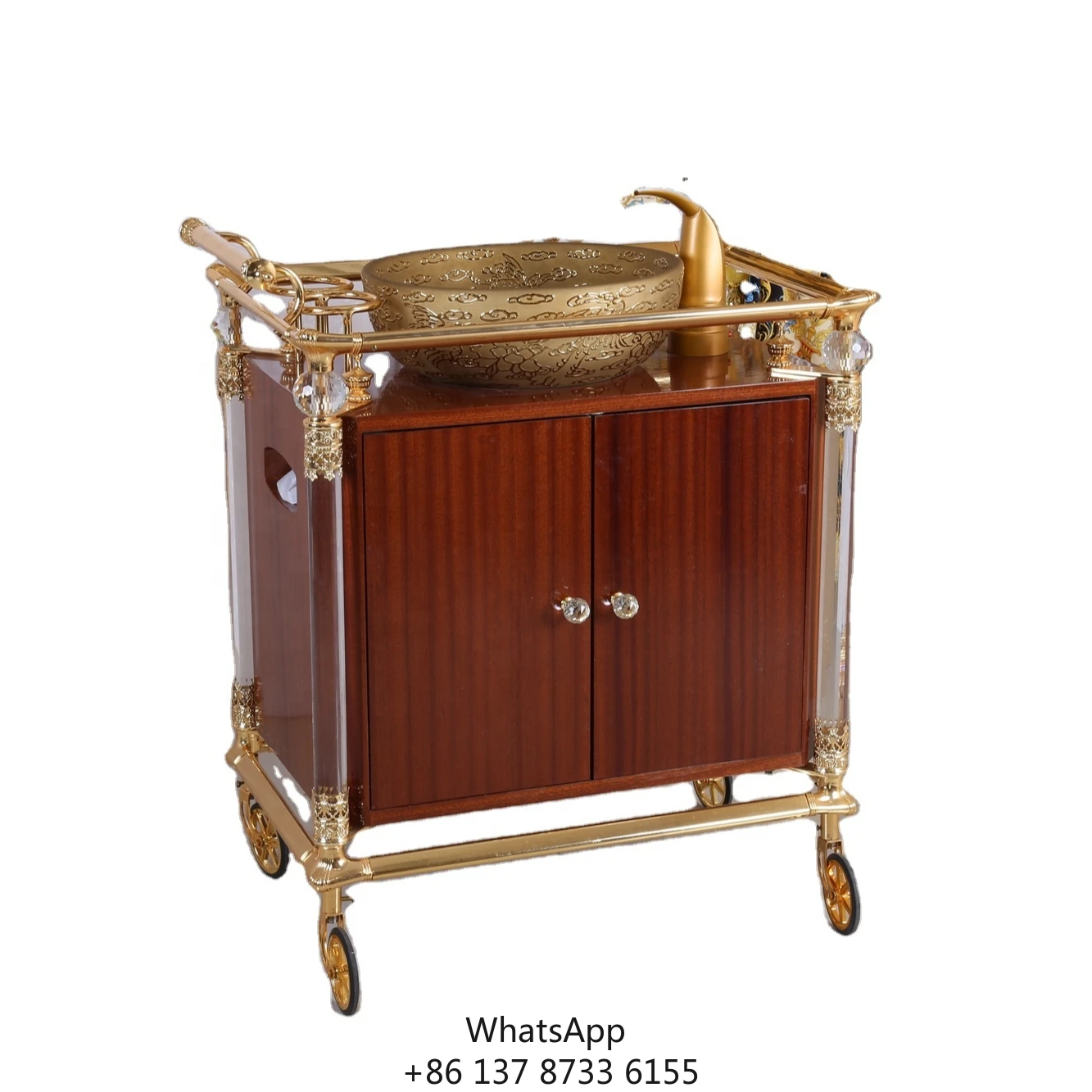 

Luxurious Golden Copper Wooden Bar Wine Wash Basin Service Cart For Hotel Restaurant Office Or Outdoor Kitchen Modern Design
