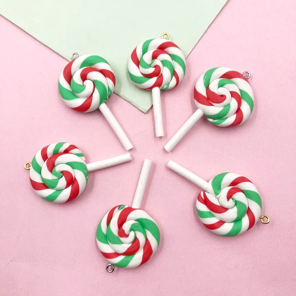 10Pcs Christmas Rainbow Clay Lollipop Charms Pendants for Necklace Earrings Keychain Jewelry Making Flat back Cabochon