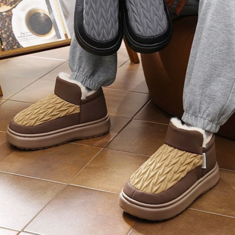 Men's Winter Waterproof Snow Boots Thick Sole Height Enhancing Warm Fleece Lined Indoor Outdoor Cotton Shoes Anti Slip Warmth