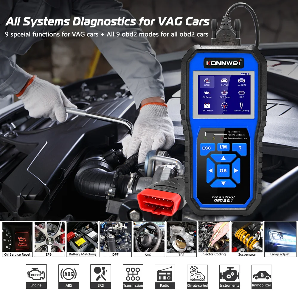 KONNWEI KW450 Obd2 قارئ رمز الماسح الضوئي أداة تشخيص النظام الكامل لـ VAG لشركة فولكس فاجن لأودي لمقعد لسكودا