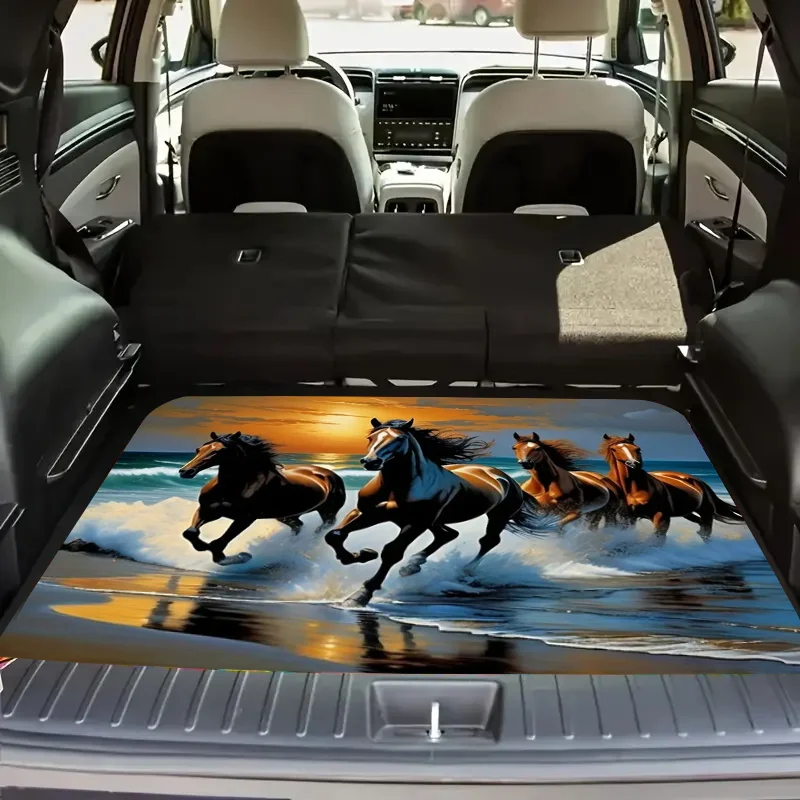 Cargo Liners. 1pc Dynamic Horse Pattern Car Trunk Mat, Sunset Seascape Art Design, Wear-Resistant And Easy To Clean, Protects Yo