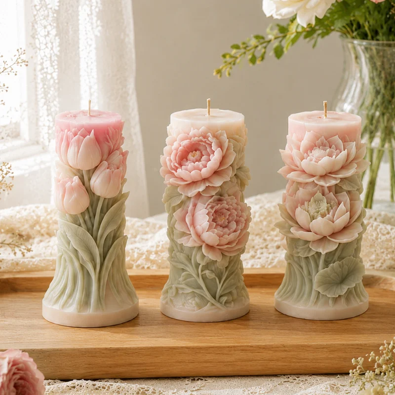This three-piece vintage floral embossed silicone candle mold set features a 3D lotus and tulip design, perfect for DIY crafts.