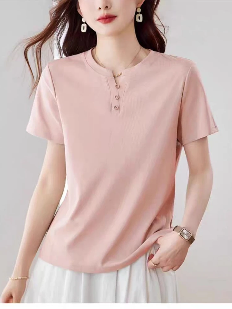 Summer Cotton Short Sleeve T-shirt for Women Solid Leisure Loose T-shirts Button Design Classic Versatile White T-shirt Women