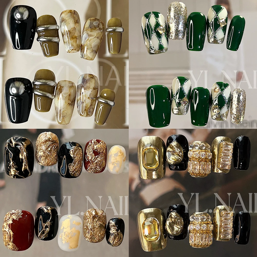 

10Pcs Elegant Short Sequin Handmade Wearable Nails Glitter Square Diamond Gold Leaf Gradation Design Fake Nail Pieces Gift