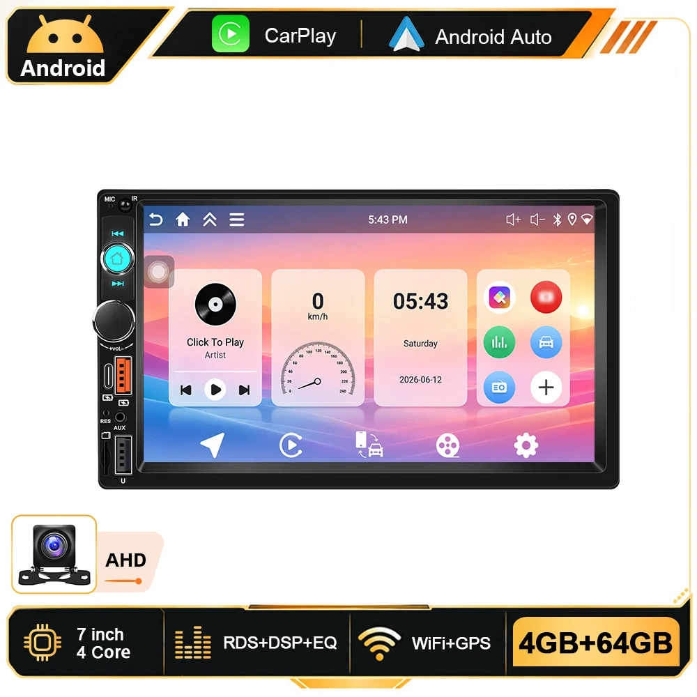 Podofo 7 Zoll 2-DIN Universal Android Autoradio/MP5 Multimedia-Player, kabelloses CarPlay, Android Auto, Smart Car Systeme, GPS-Navigation, WLAN, BT, USB/Type-C, Autoradio, FM, RDS, Head Unit