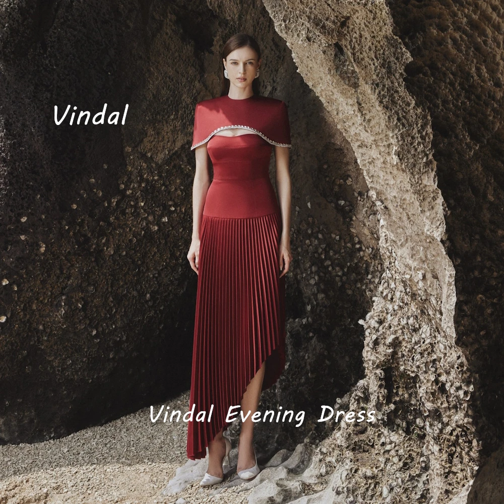 Vindal Ankle length O-Neck luxurious A-Line Sexy Ruffle Beaded Crepe Breast Padding Elegant Short Sleeves السعود For Woman 2024