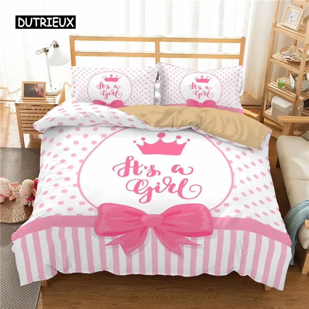 Girl Duvet Cover Set Pink Bow Pattern Kawaii Twin Bedding Set Pink Polyester Bedding Collections for Kids Girls Queen King Size