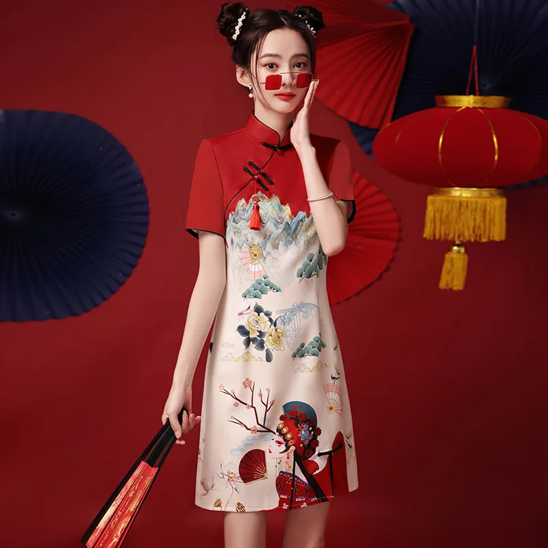 High Street Y2K Fashion Cheongsams Chinese Dress Women Improved Qipao Personality Printed Dress 치파오 ципао Vestidos Para Mujer