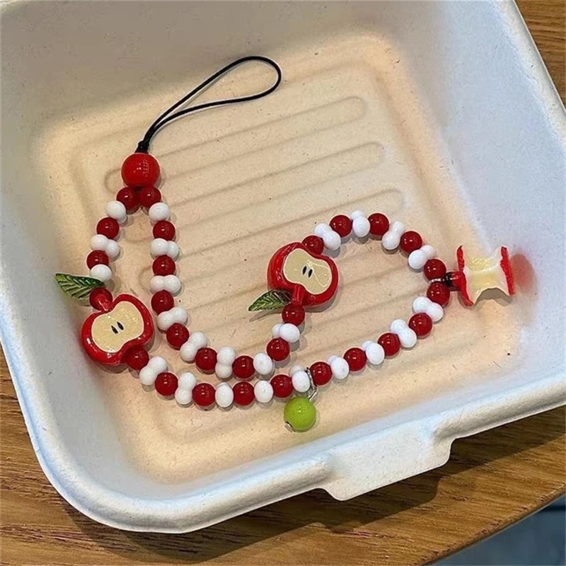 Korean Cute Apple Pearl Beaded Phone Chain Keychain Sweet Girl Bracelet Anti-Lost Phone Charm Lanyard For iPhone Samsung Camera view 6