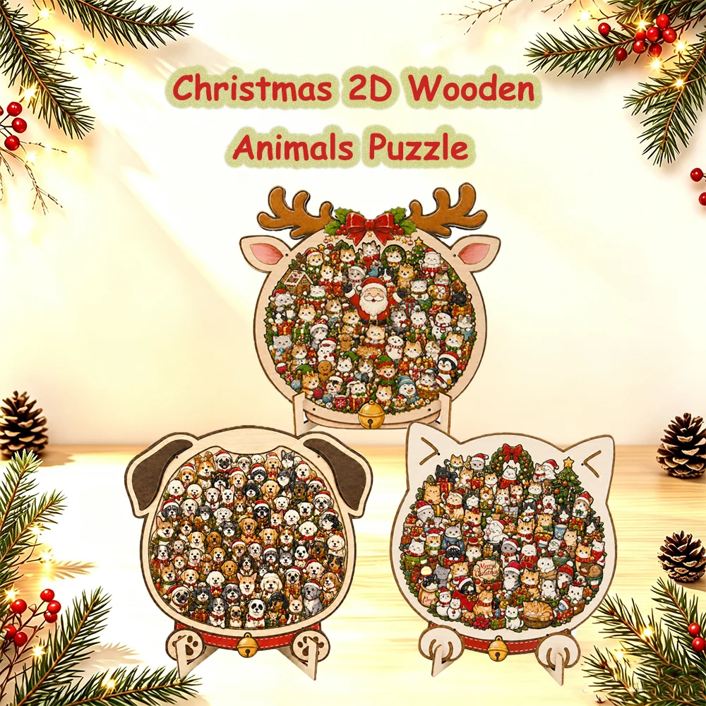 Christmas 2D Animal Wooden Jigsaw Puzzle Creative Christmas Dog Cat Shape Puzzle Desktop Ornament Xmas Gift for  Family Friends