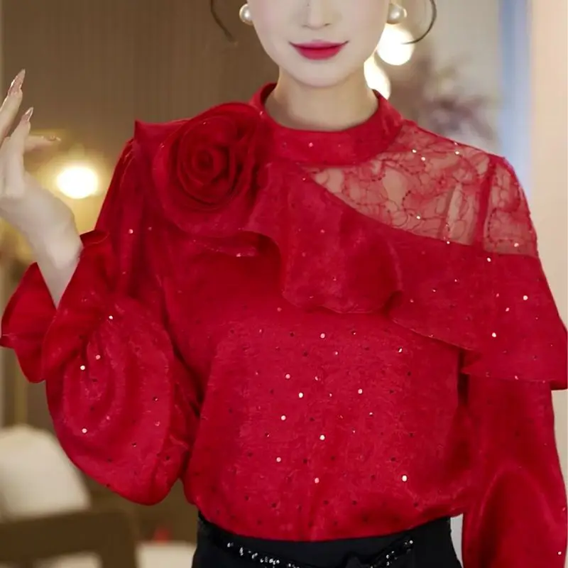 

Новинка весны 2022, французская красная рубашка с объемными цветами и рюшами, женская кружевная рубашка с полыми пайетками