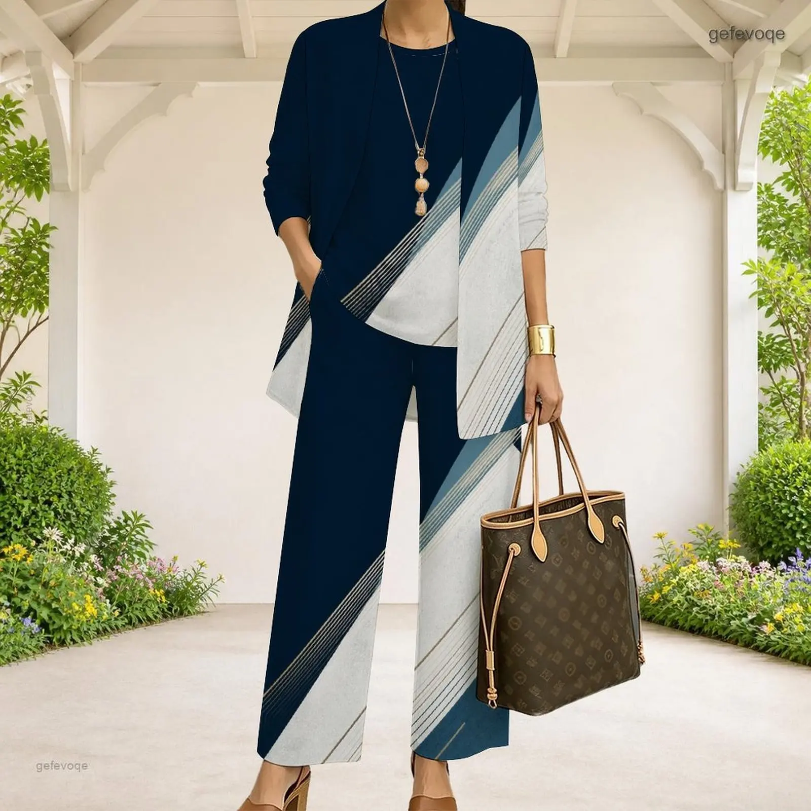 Women Radial Geometric Printed 3 Piece Pants Set 3/4 Sleeve Cardigan Sleeveless Top Long Pants Black White Orange - view 5
