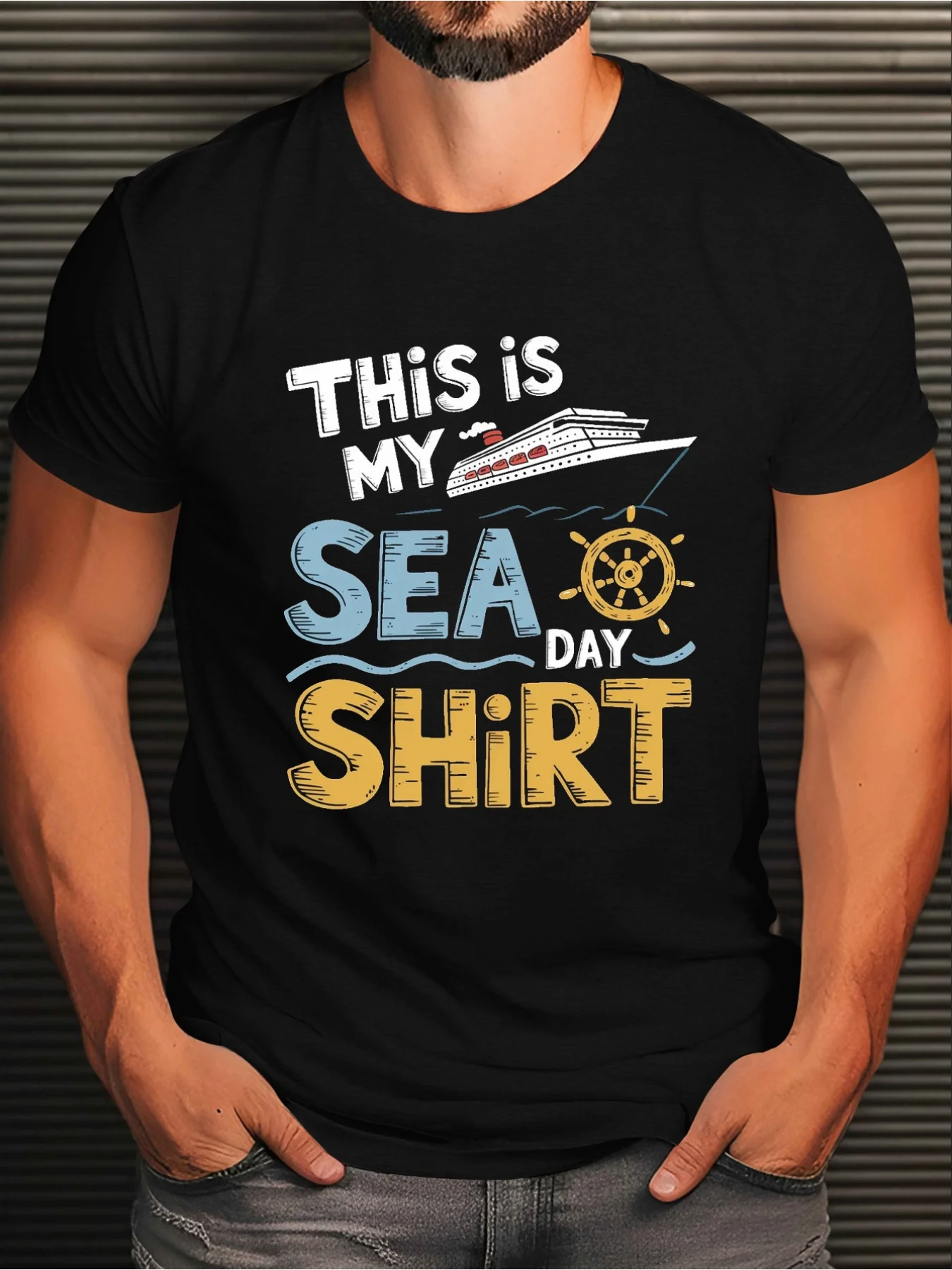 Cruise Ship & Waves Print T-Shirt - 