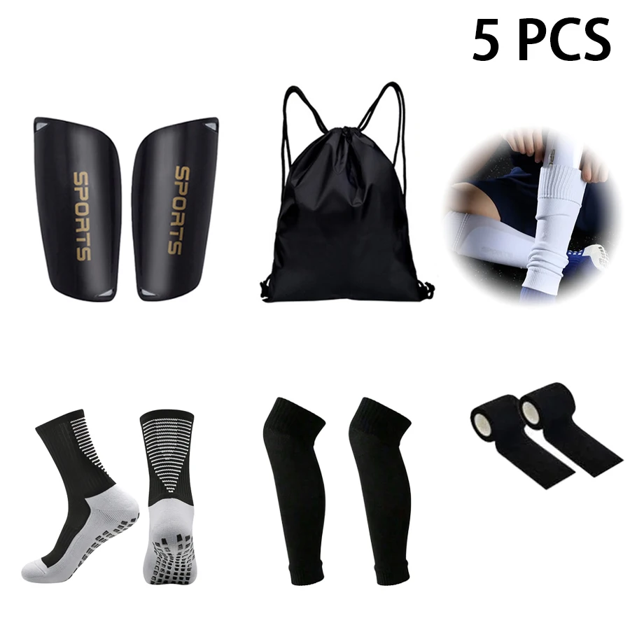 5PCS Set Teenagers Football Bag Soccer Socks Grip Men Sport Socks Soccer Leg Cover  Shin Pads Soccer Training Shank Board Bandag