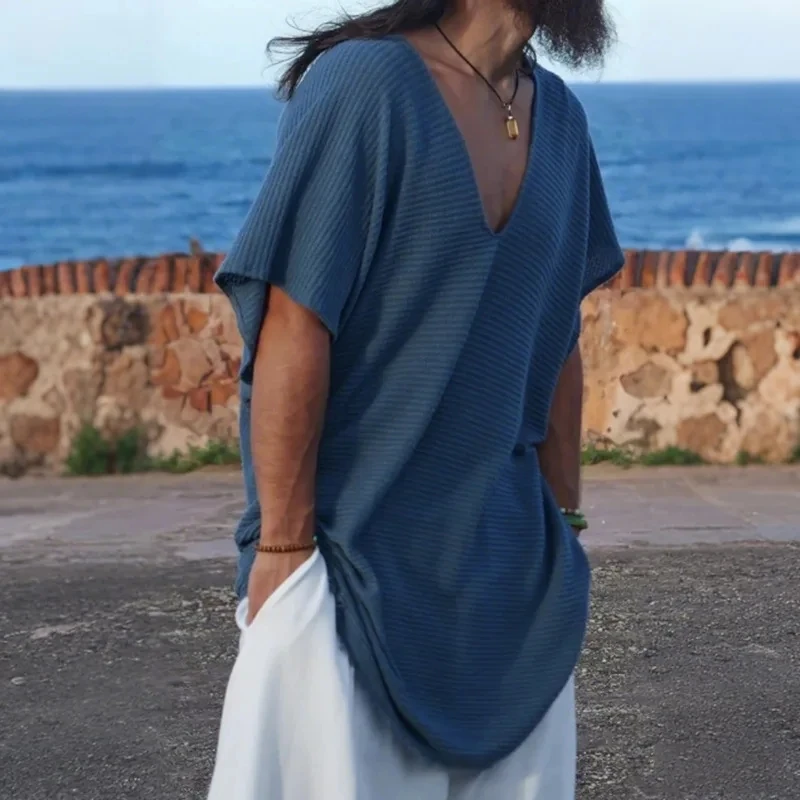 

2026 Spring Summer New Men V Neck Casual Loose T Shirt Cross Border Fashion Lazy Design Sense Top