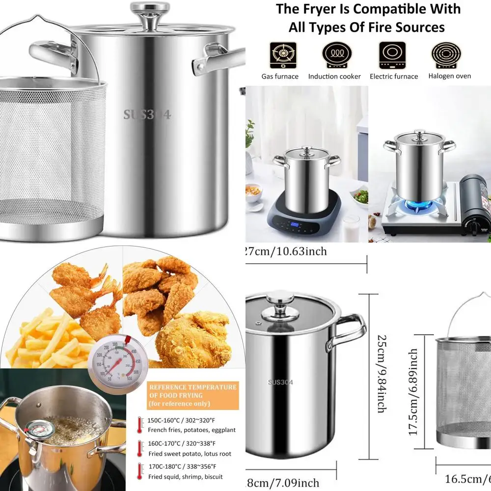

Stainless Steel 304 Deep Fryer with Strainer and Thermometer, 169 Oz Capacity for Tempura, Chips, Fries, Fish, Chicken