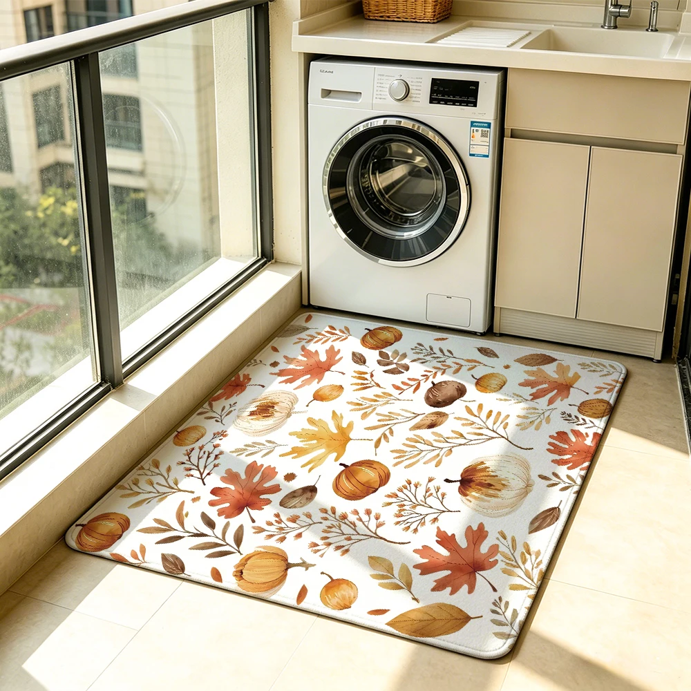 1 piece flannel silicone-soled autumn-themed pumpkin leaf pattern (in watercolor style) anti-slip home decoration item