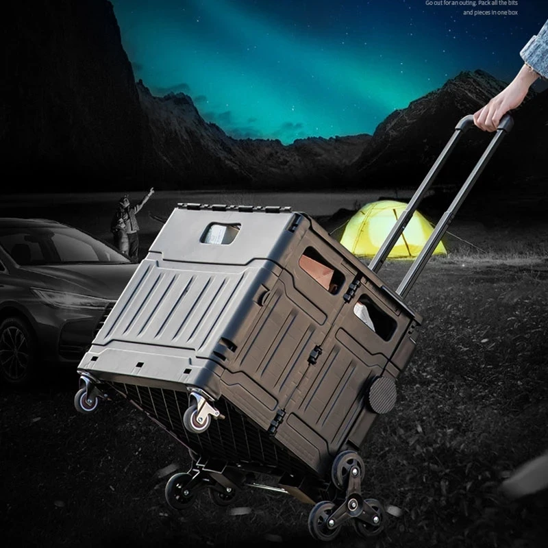 Camping Trolley Multifunction Folding Shopping Vehicle Things Storage Box Large Plastic Storage Box Cart Organizer Beach Trolley