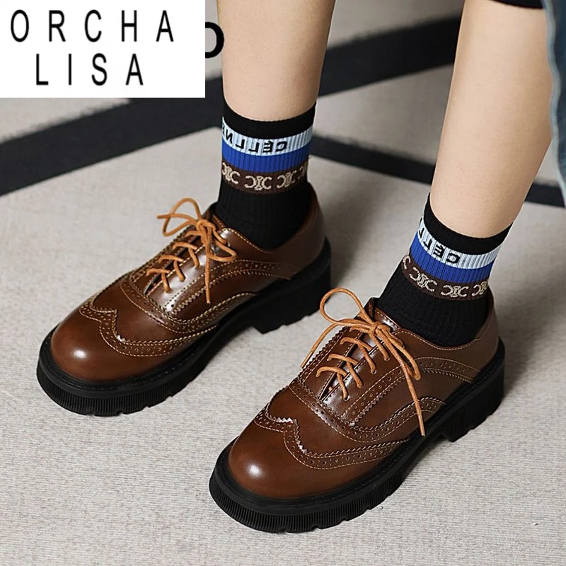 

ORCHA LISA 2025 Винтажные женские туфли-лодочки с круглым носком на толстом каблуке 4 см, дышащая шнуровка, большие размеры 41 42 43, повседневная женская обувь для отдыха