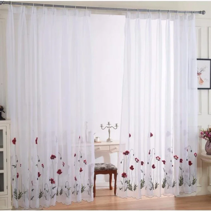 2023 new White Sheer Embroidered Red Flower Curtains Tulle for Living Room Simple Pastoral Window Screen Voile Curtain