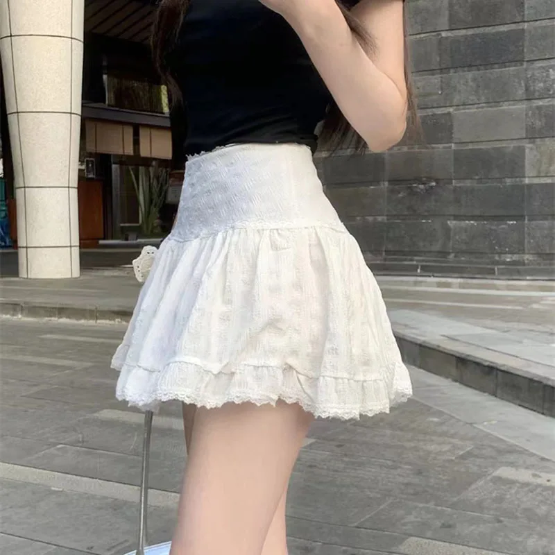 Lace Splicing Mini Skirts Women Summer Fashion Lolita White Pleated Skirts Korean Low Waist Streetwear All-match A-line Skirts