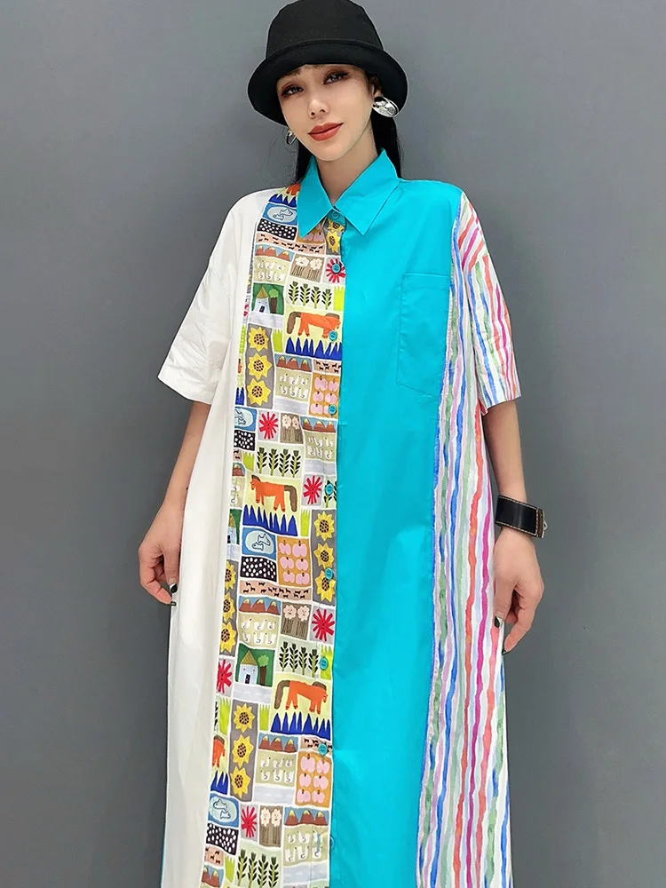 SHENGPALAE 2024 Summer New Women\'s Shirt Dress Color Block Short Sleeve Fashion Comfortable Casual Robe Female Clothes 5C1014